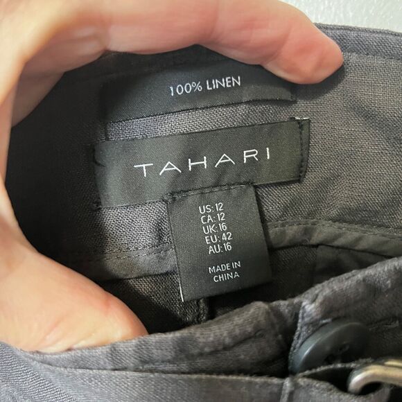 TAHARI Women's Charcoal Gray Belted High Rise Flare Leg Career Dress Pants 12 - Picture 8 of 9